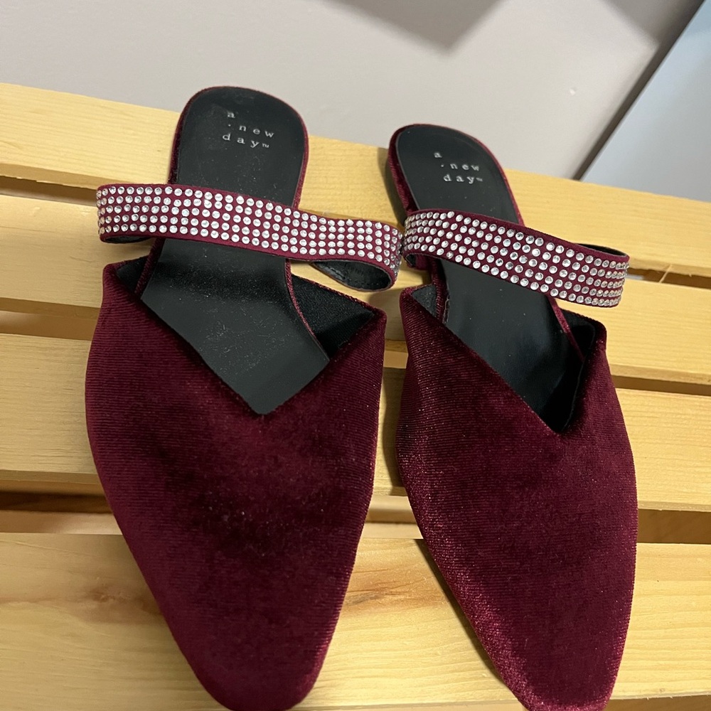 A New Day Burgundy Velvet Mules with Sparkling Strap